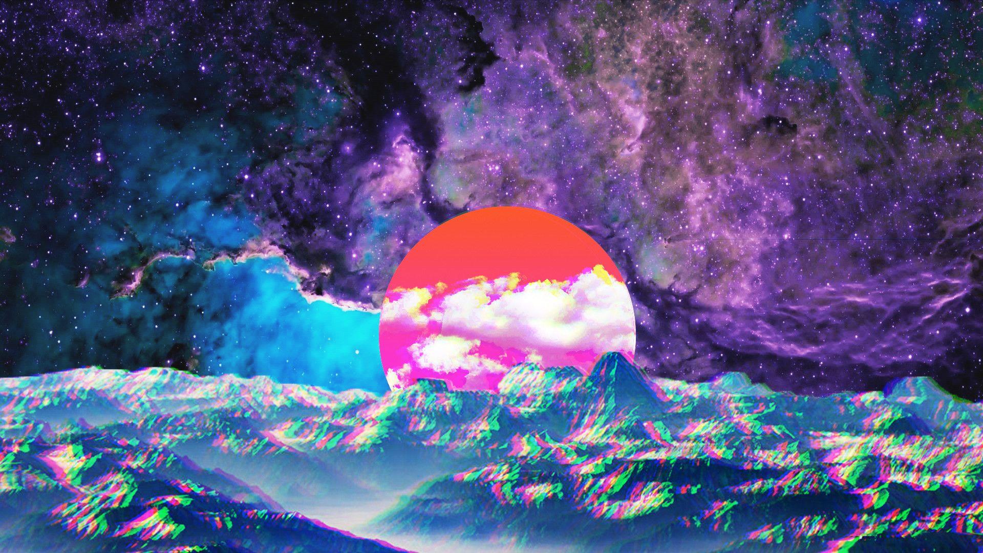 Rote Sonne, Weltraum, Glitch-Art, Psychedelisch, Full HD, Desktop-Hintergrund für Windows