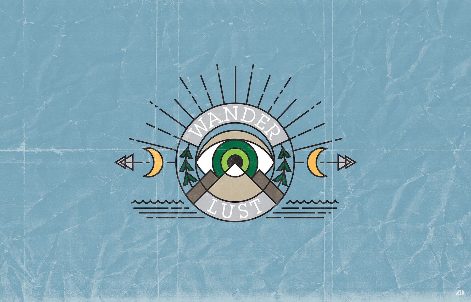 Wanderlust, Auge, Emblem, Berge, Hellblau, Vintage, HD, Hintergrundbild für den PC