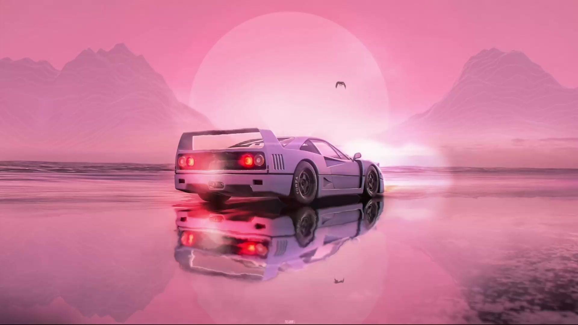 Ferrari F40, Synthwave, Sportwagen, Spiegelung, Rosa, Full HD, Desktop-Hintergrund für Windows