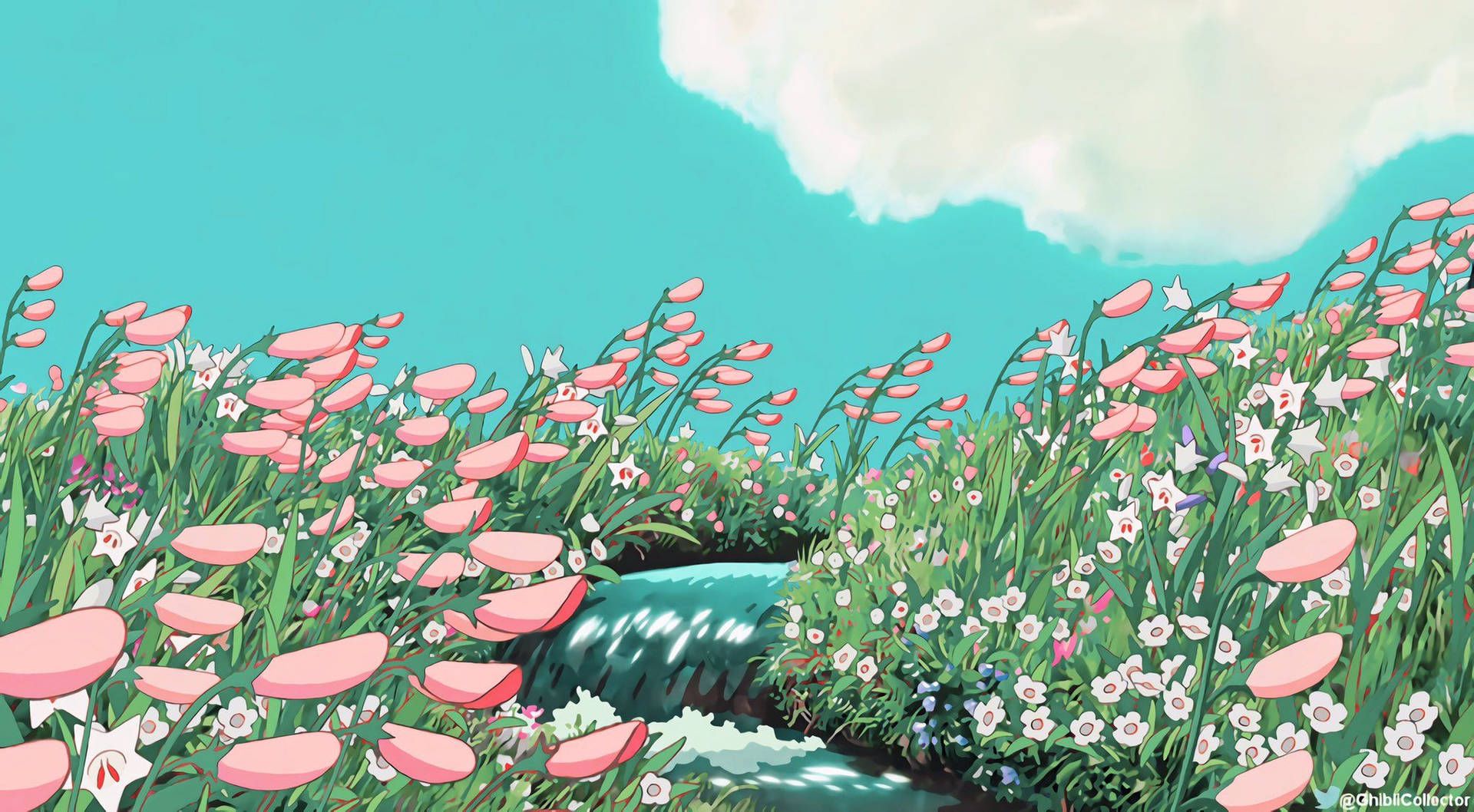 Anime-Stil, Blumenwiese, Bach, Rosa Blumen, Wolken, Sommer, Full HD, Laptop-Hintergrundbild