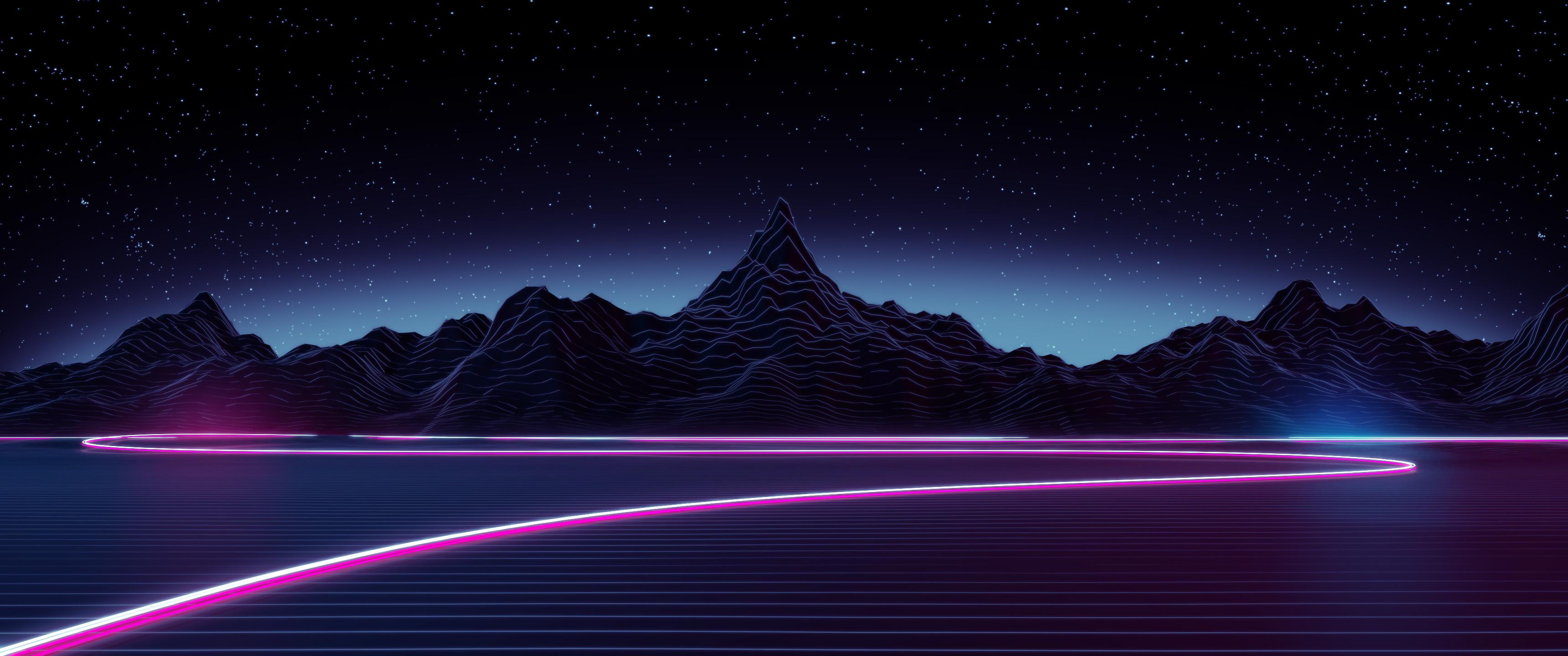 Berge, Neonlinie, Nacht, Synthwave, Sternenhimmel, 21:9, 2K-Hintergrundbild für den Desktop