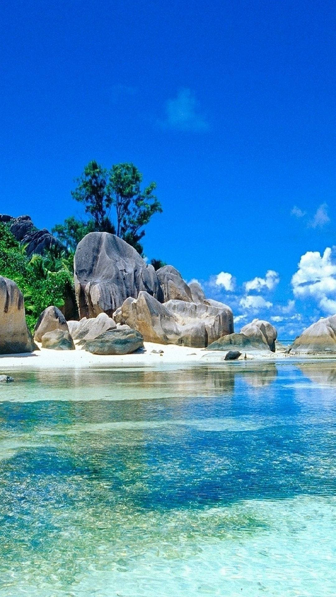 Granitfelsen, Tropenstrand, Türkises Wasser, Palmen, Blauer Himmel, Full HD, Handy-Hintergrundbild