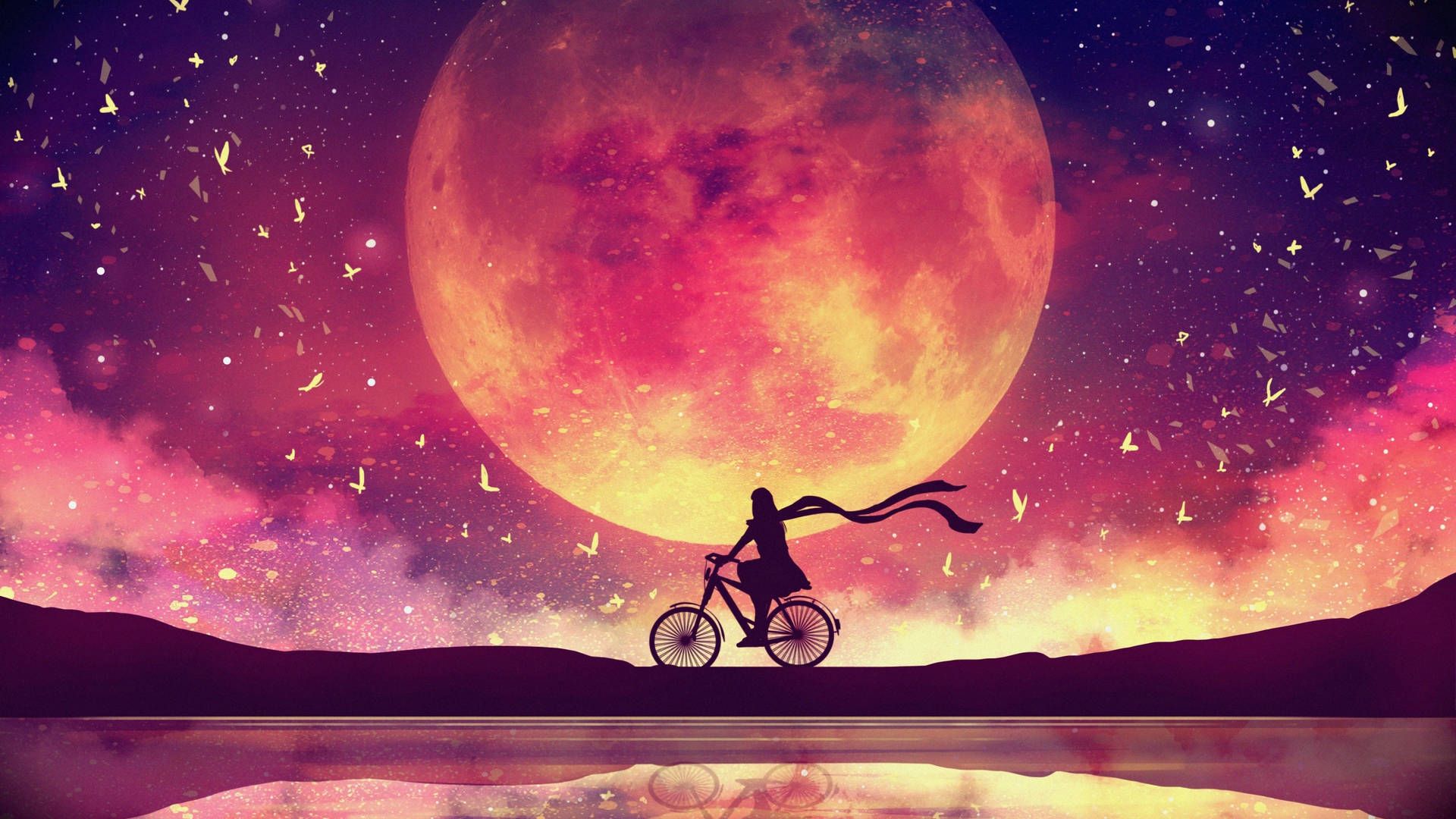 Roter Mond, Fahrrad, Silhouette, Vollmond, Nacht, Fantasy, Full HD, PC-Hintergrundbild