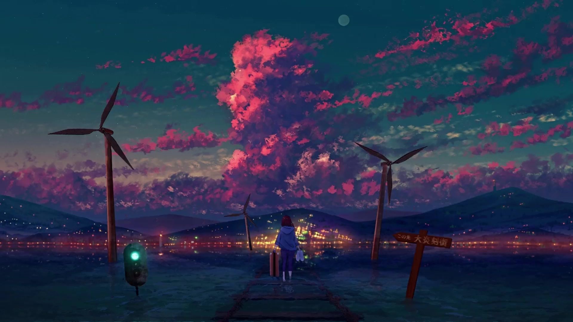 Windräder, Abendhimmel, Rote Wolken, Digitale Malerei, Anime-Stil, 1920x1080, PC-Hintergrundbild