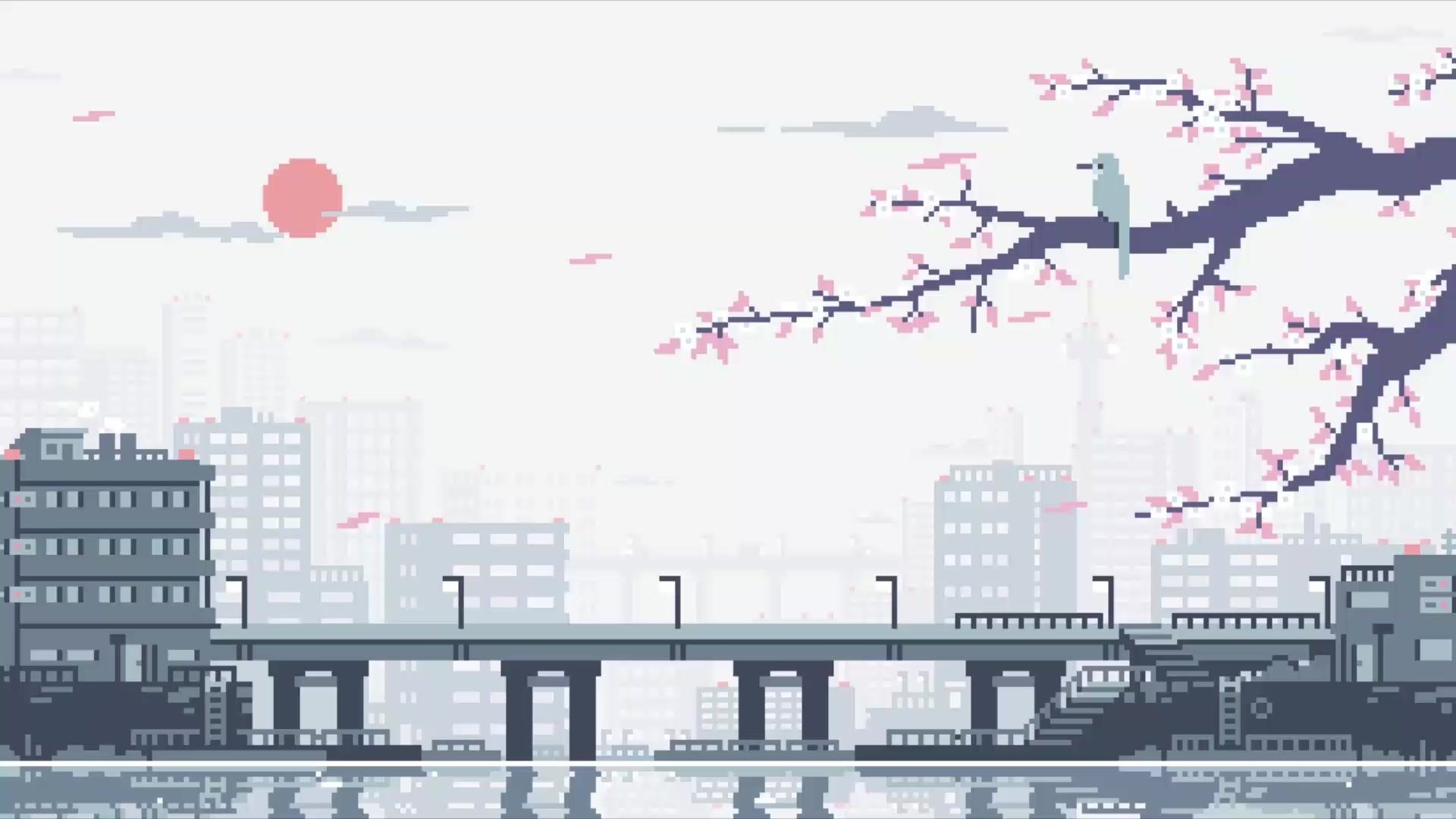 Pixel-Art, Kirschblüten, Stadt, Brücke, Rote Sonne, Vogel, Full HD, Laptop-Hintergrundbild