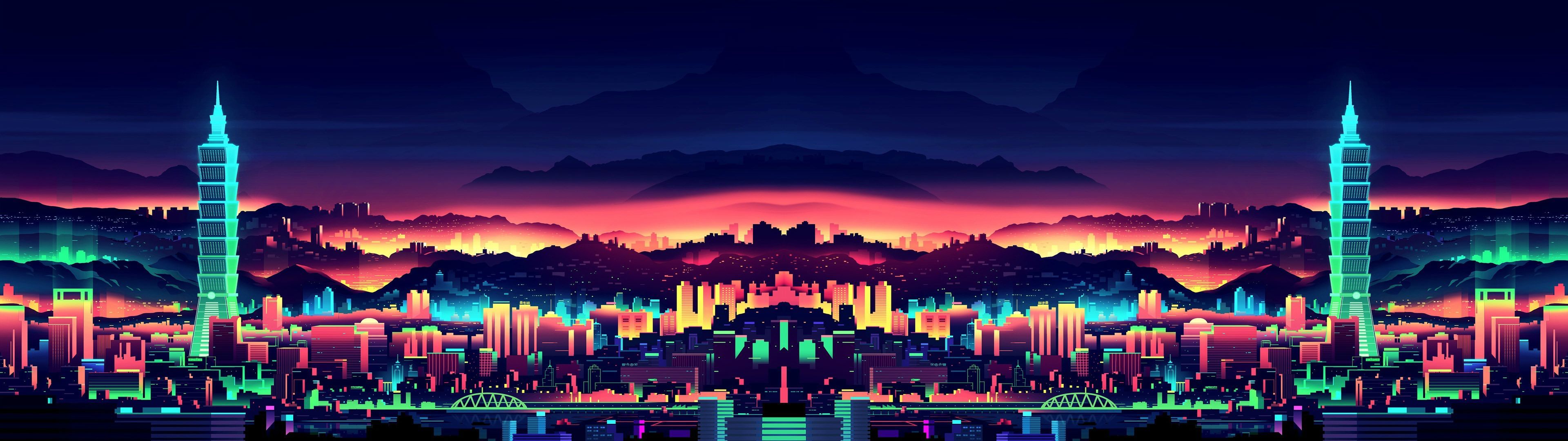 Taipei 101, Taipeh, Skyline, Neon, Stadt bei Nacht, Illustration, Full HD, PC-Hintergrundbild