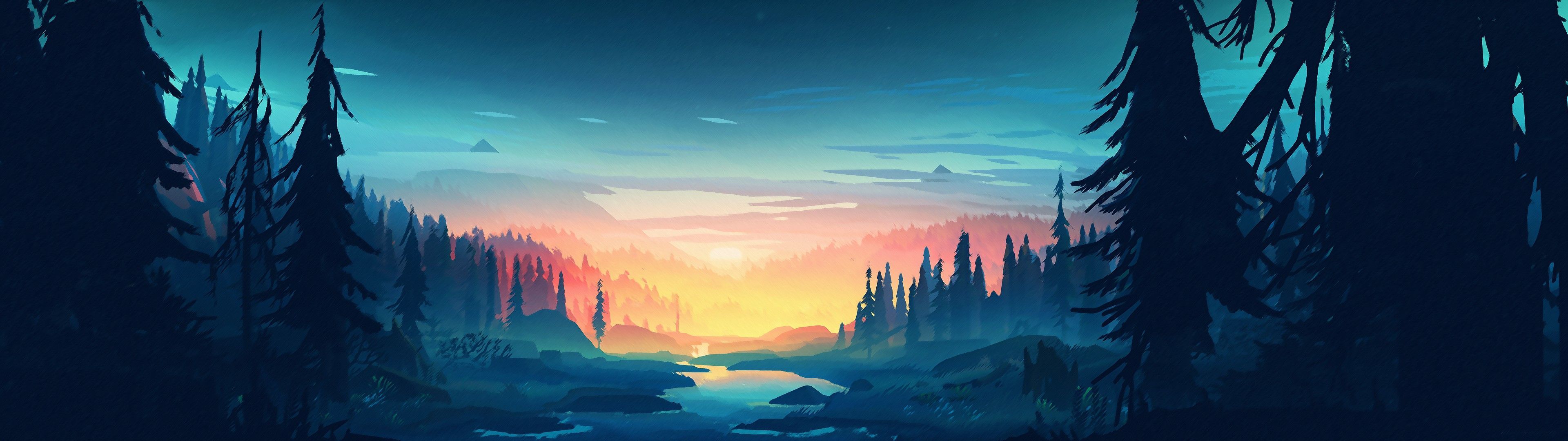 Wald, Fluss, Tannen, Sonnenaufgang, Flachdesign, 32:9, Full-HD-Hintergrundbild für den Desktop