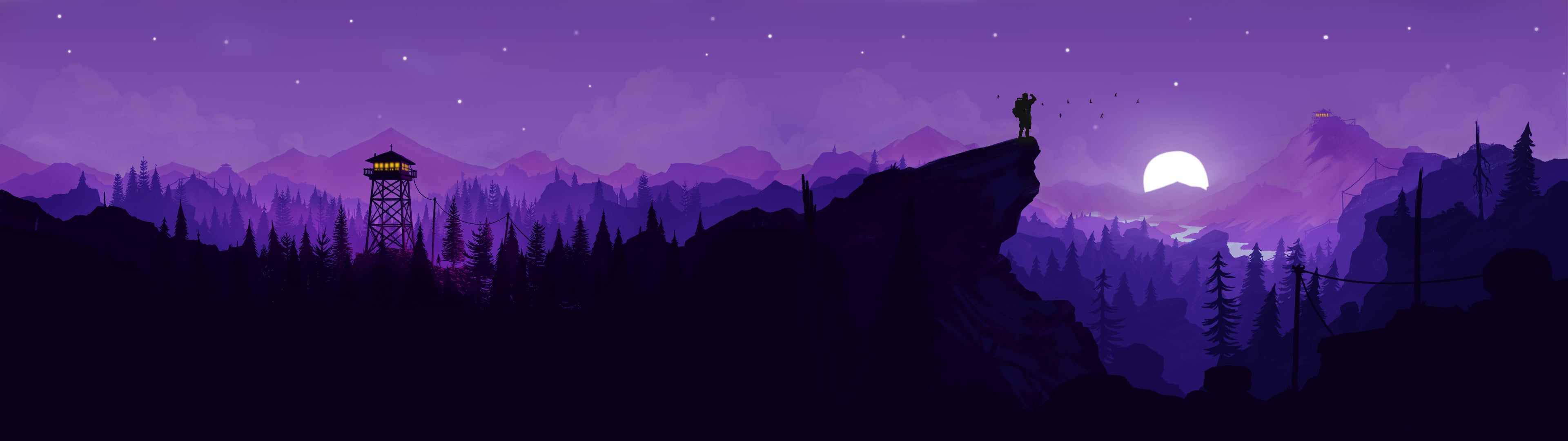 Firewatch, Aussichtsturm, Wolf, Mond, Lila, Silhouette, 32:9, Full-HD-Hintergrundbild für den Desktop