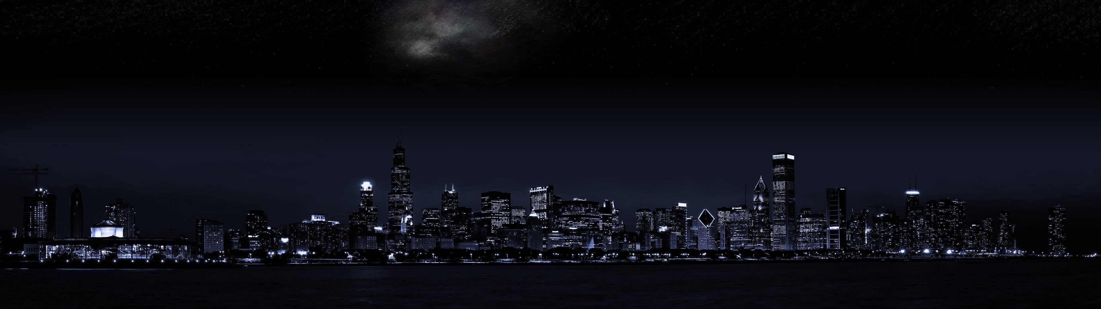 Skyline, Stadt bei Nacht, Dunkel, Lichter, 32:9, Full-HD-Hintergrundbild für den Desktop