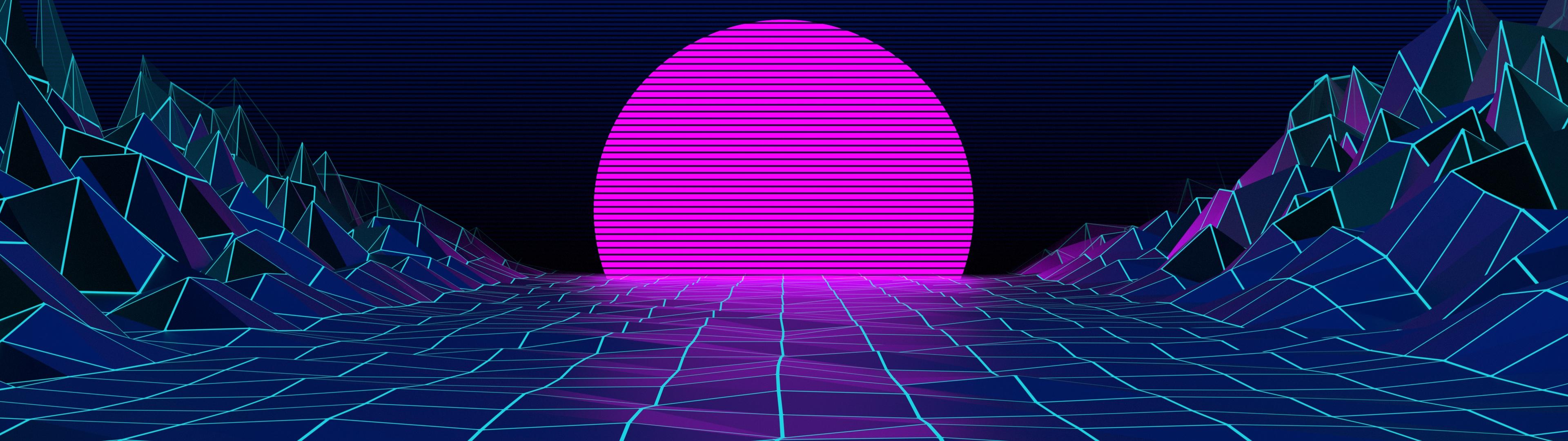 Synthwave, Sonne, Wireframe-Berge, Gitter, Magenta, 32:9, Full-HD-Hintergrundbild für den Desktop