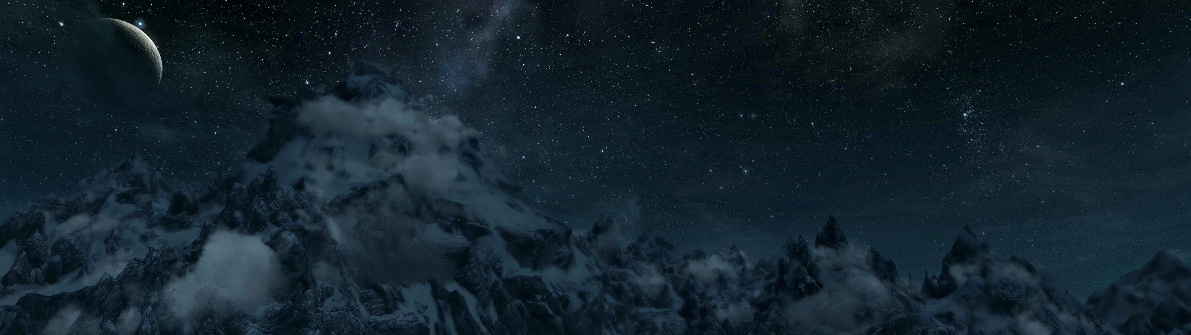 Berge, Mondsichel, Nachthimmel, Dunkel, Wolken, 32:9, Full-HD-Hintergrundbild für den Desktop