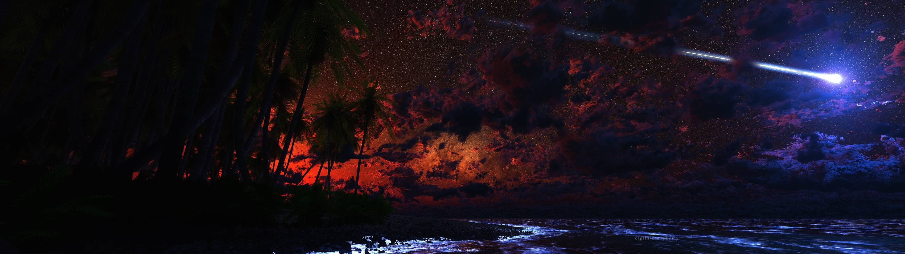 Komet, Nacht, Feuer, Sternschnuppe, Dunkel, 32:9, Full-HD-Hintergrundbild für den Desktop