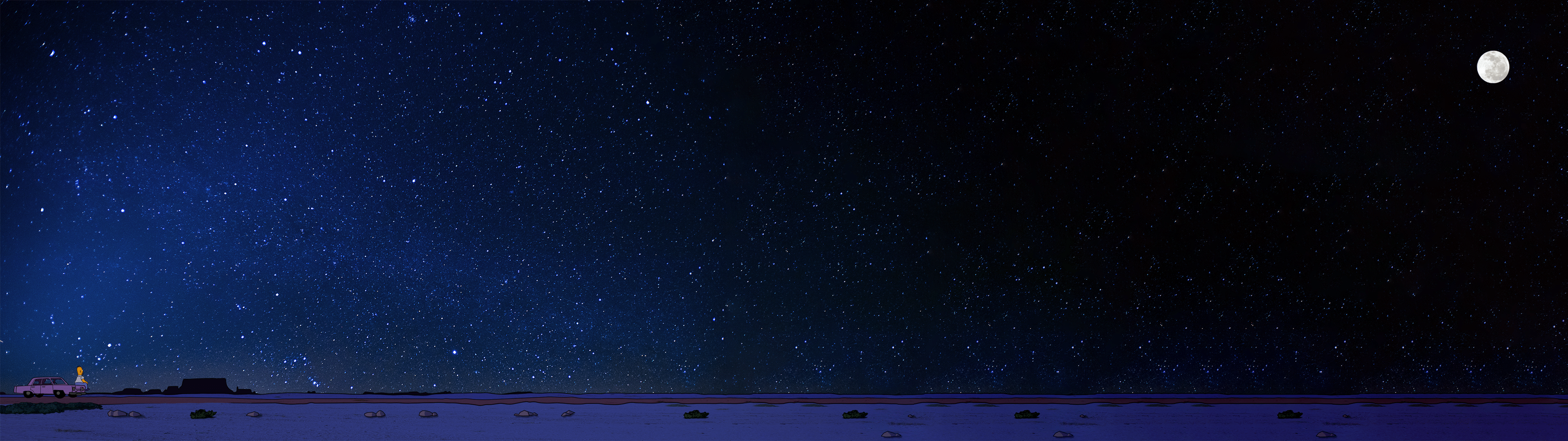 Sternenhimmel, Mond, Meer, Nacht, Dunkelblau, 32:9, Full-HD-Hintergrundbild für den Desktop