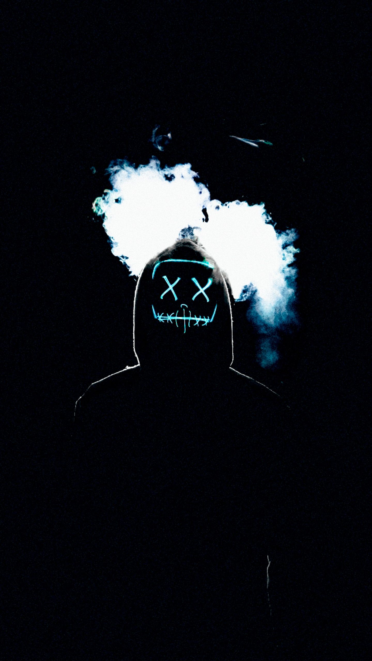 Hoodie, Leuchtende Maske, Rauch, Dunkel, Anonym, Hochformat, Hintergrundbild fürs Smartphone