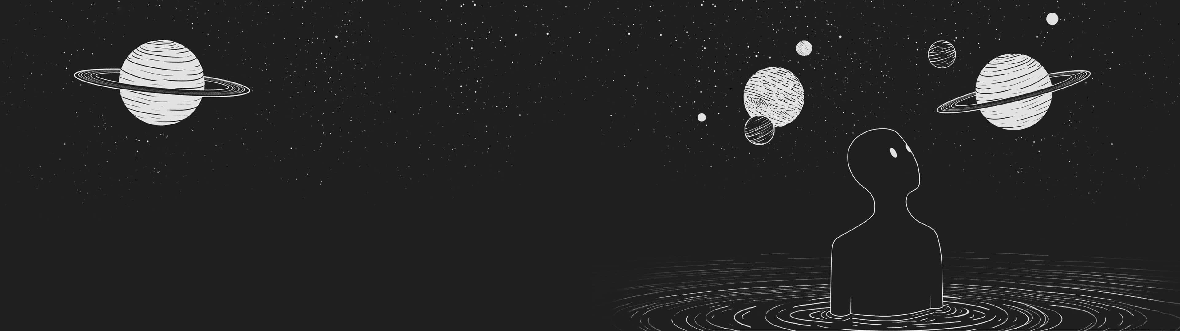 Planeten, Silhouette, Strichzeichnung, Wasser, Schwarz-Weiß, Full HD, Laptop-Hintergrundbild