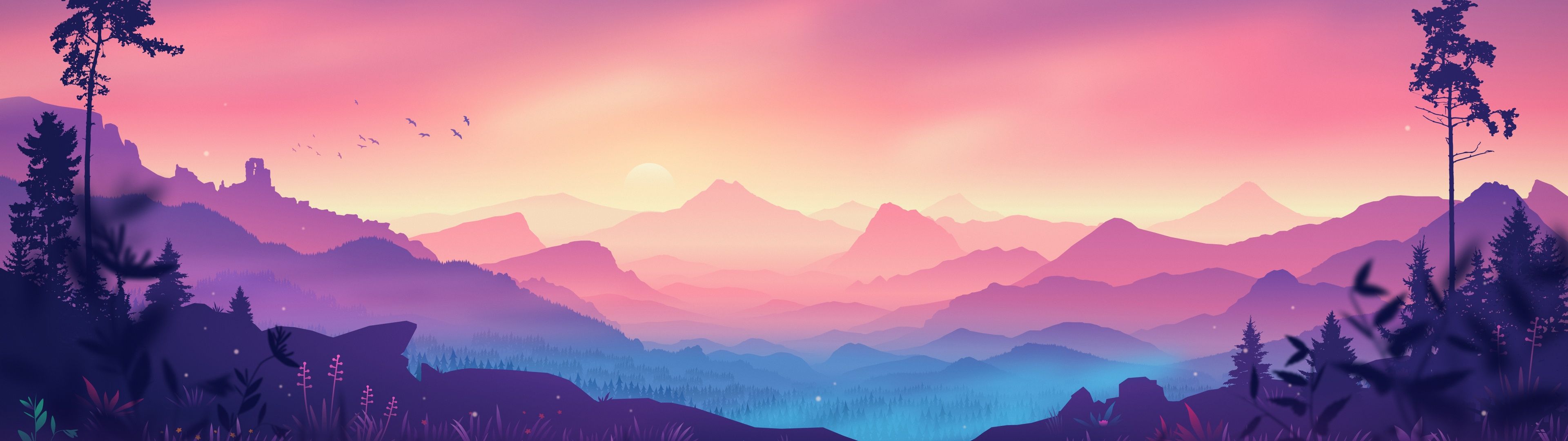 Berge, Tal, Bäume, Sonnenuntergang, Lila, Flachdesign, 32:9, Full-HD-Hintergrundbild für den Desktop