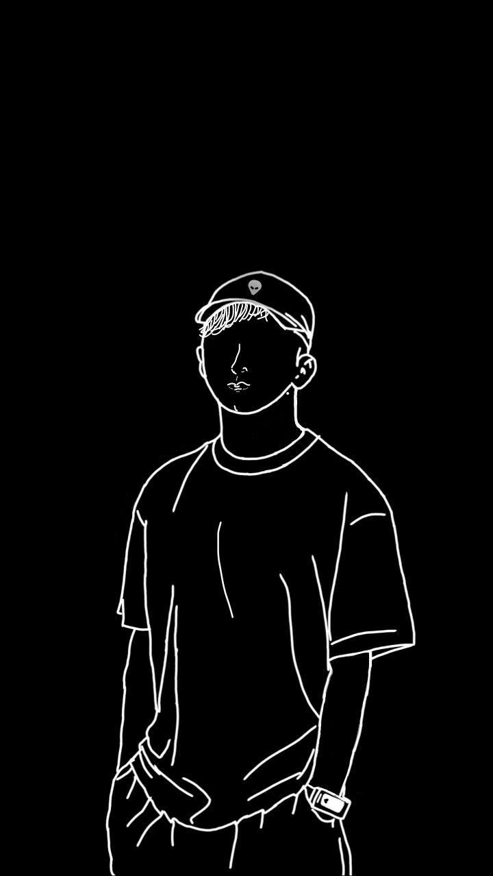 Linienzeichnung, Mann, Basecap, Schwarzer Hintergrund, Minimalismus, Sperrbildschirm fürs iPhone