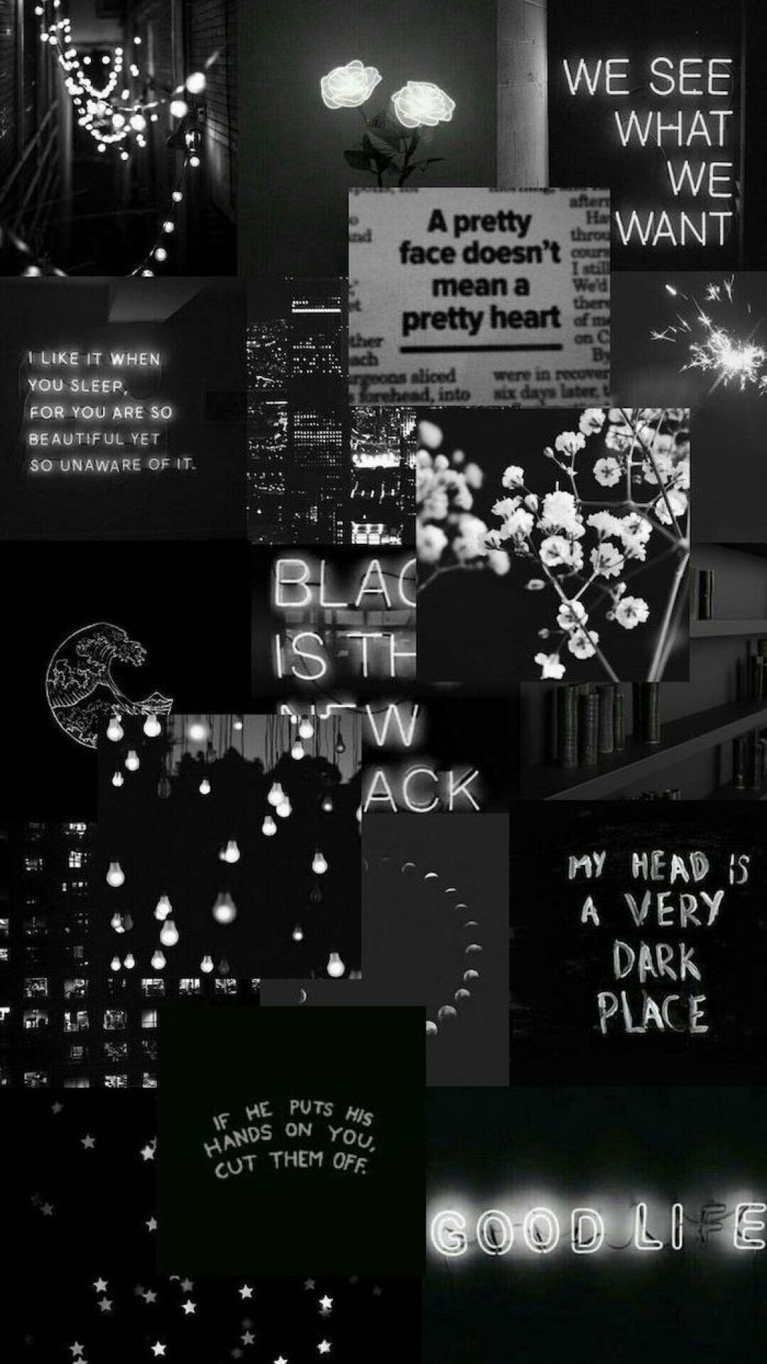 Collage, Schwarze Ästhetik, Sprüche, Lichter, Moodboard, Full HD, Handy-Hintergrundbild