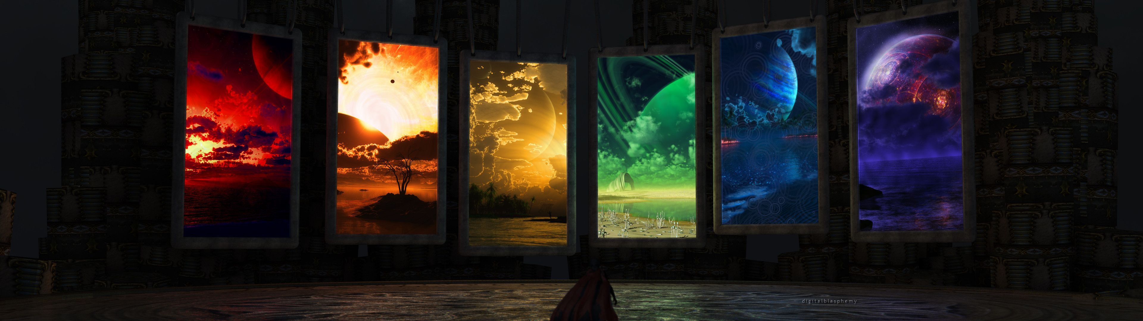 Portale, Gemälde, Welten, Dunkel, Fantasy, 32:9, Full-HD-Hintergrundbild für den Desktop