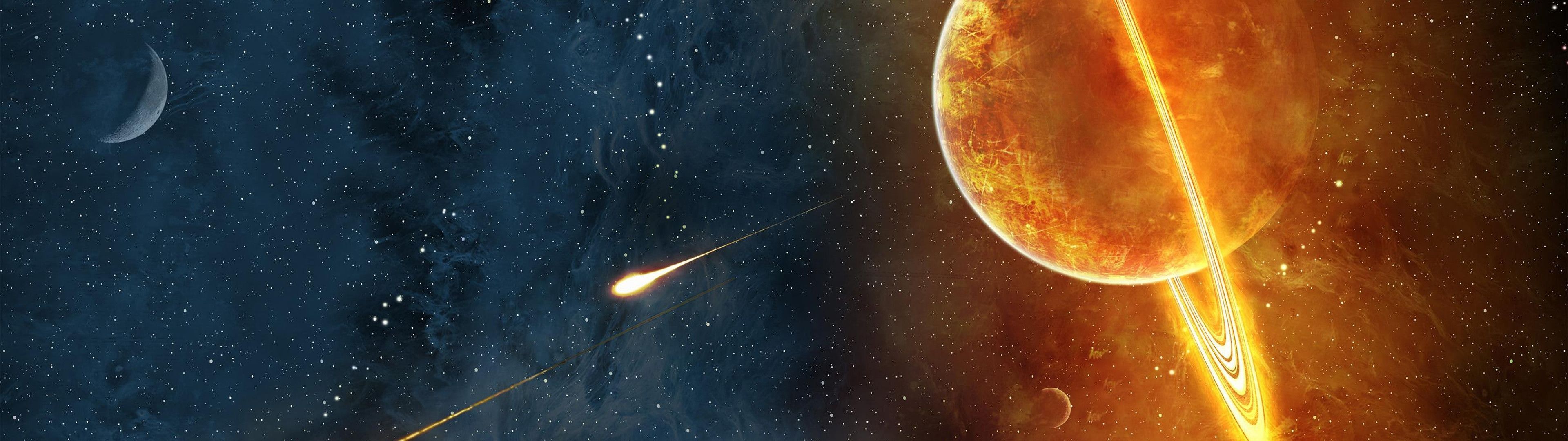 Planet, Ringe, Komet, Mondsichel, Weltraum, Orange, 32:9, Full-HD-Hintergrundbild für den Desktop