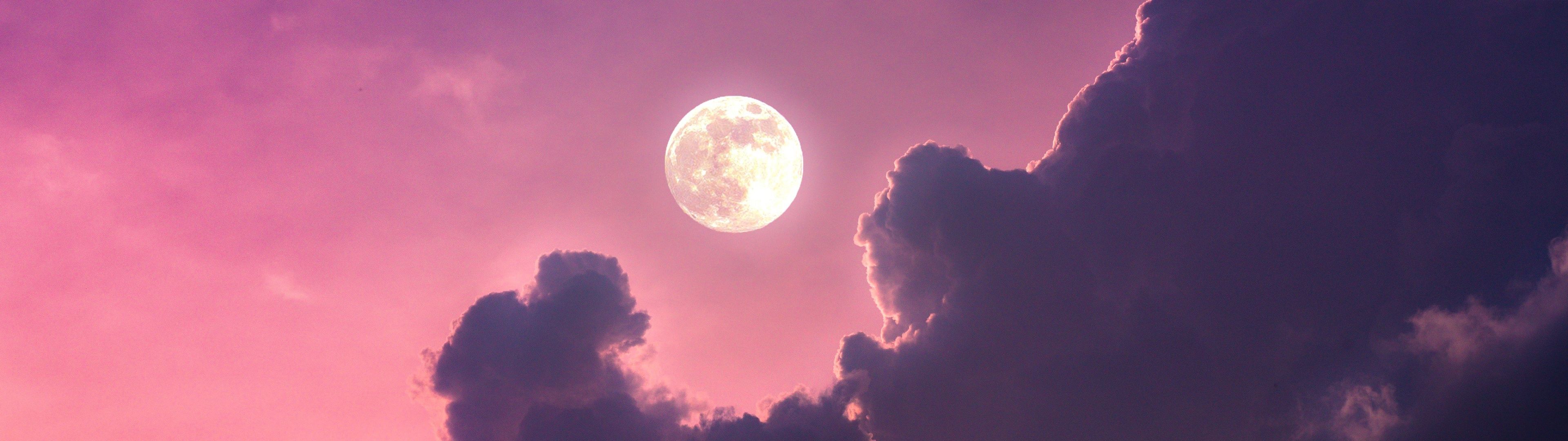 Vollmond, Wolken, Rosa Himmel, Nacht, 32:9, Full-HD-Hintergrundbild für den Desktop