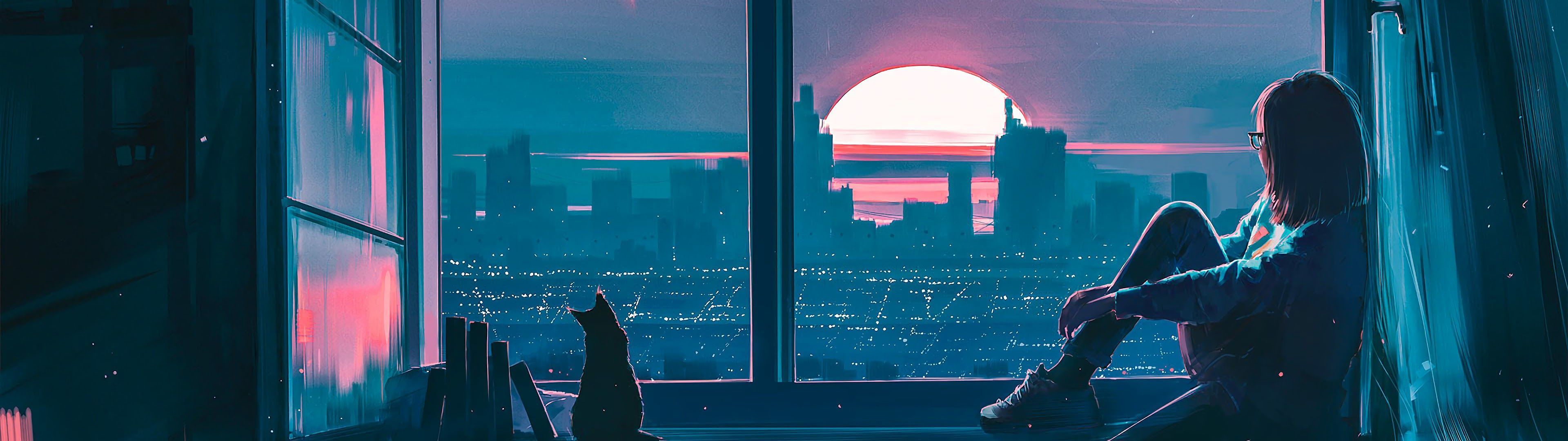 Mädchen, Fenster, Stadt, Sonnenuntergang, Katze, Anime-Stil, Full HD, Windows-Hintergrundbild