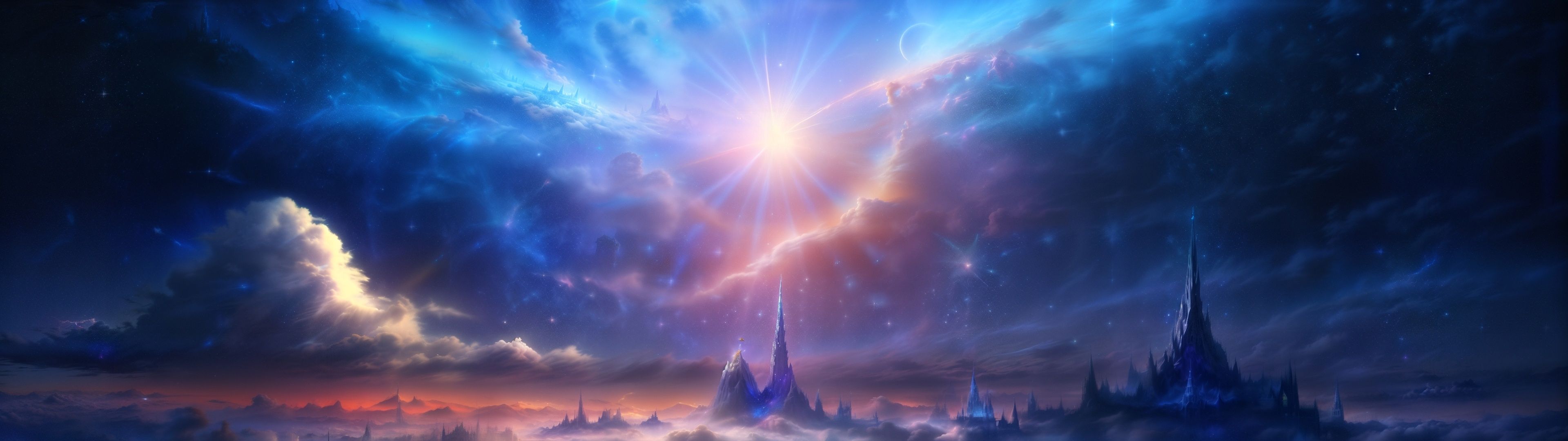Nebel, Weltraum, Schloss, Fantasy, Blau, Licht, 32:9, Full-HD-Hintergrundbild für den Desktop