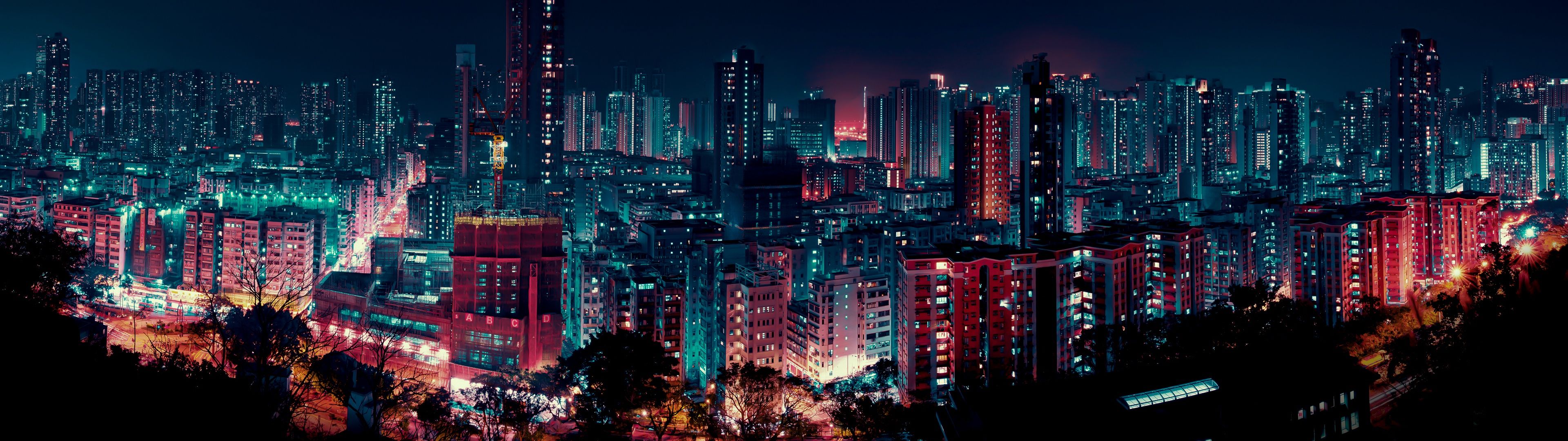 Stadt bei Nacht, Hochhäuser, Lichter, Luftaufnahme, Neon, Full HD, Laptop-Hintergrundbild
