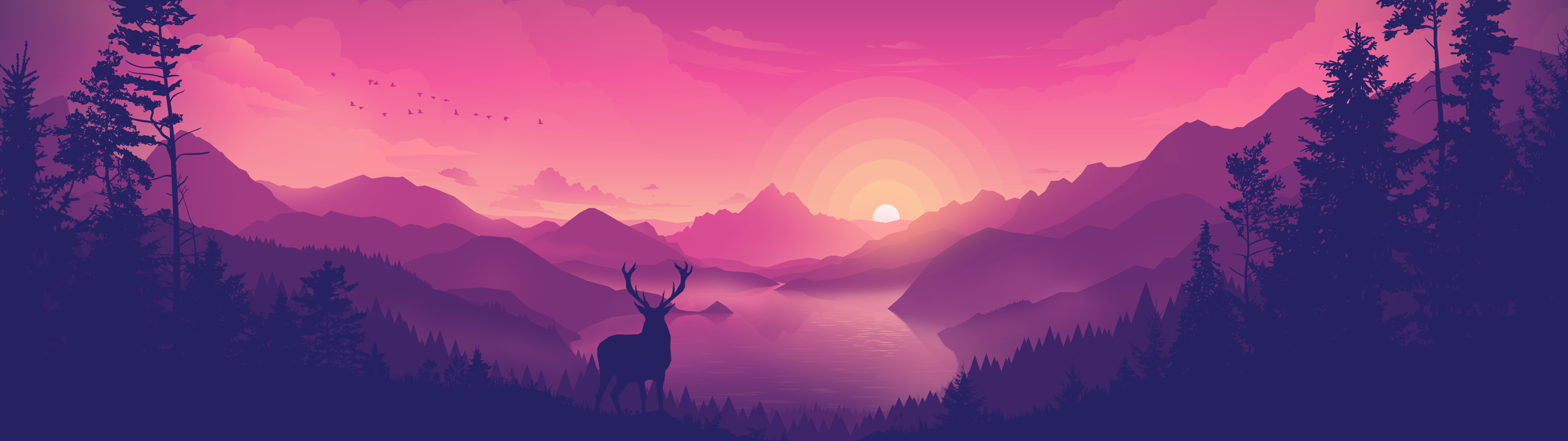 Hirsch, Berge, See, Sonnenuntergang, Pink, Flachdesign, 32:9, Full-HD-Hintergrundbild für den Desktop