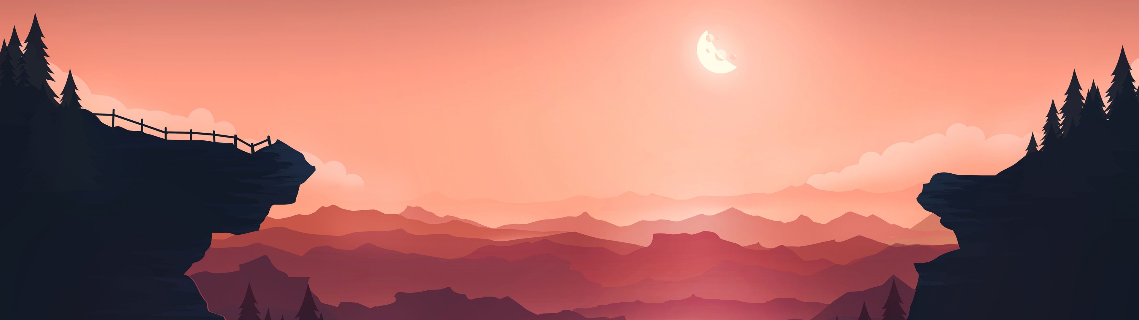 Klippen, Mond, Berge, Pfirsichfarben, Flachdesign, 32:9, Full-HD-Hintergrundbild für den Desktop