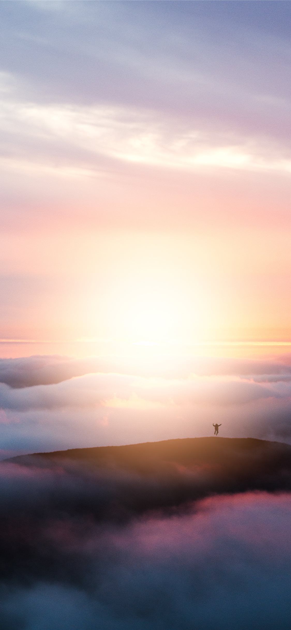 Sonnenaufgang, Wolkenmeer, Berggipfel, Silhouette, Himmel, Full HD, Handy-Hintergrund