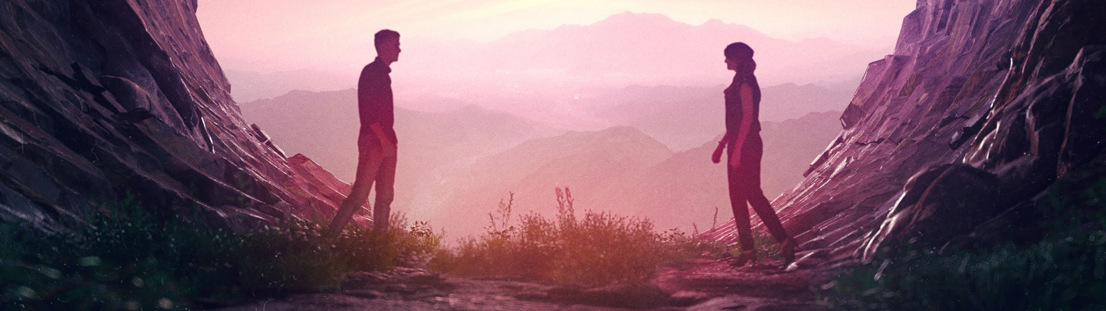 Paar, Silhouetten, Schlucht, Rosa Nebel, Begegnung, Full HD, Desktop-Hintergrund für Windows