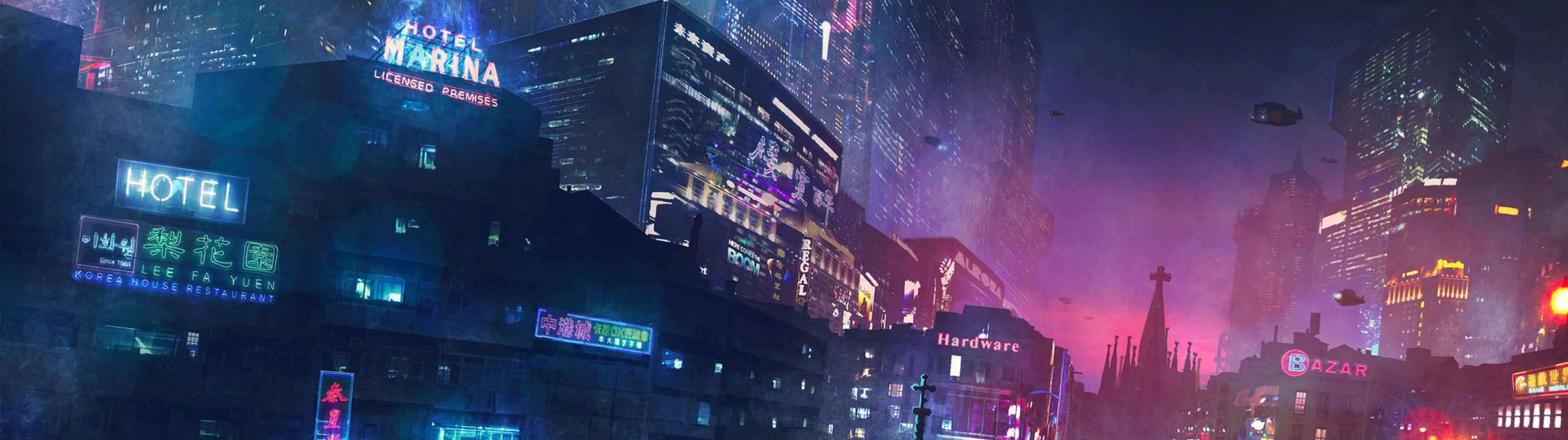 Cyberpunk, Futuristische Stadt, Neonschilder, Nacht, Hotel, Full HD, Windows-Hintergrundbild