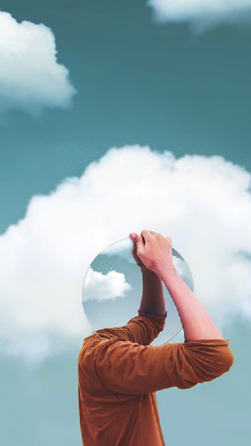 Mann, Wolke, Surreal, Blauer Himmel, Orange Jacke, HD, Hintergrundbild fürs Handy