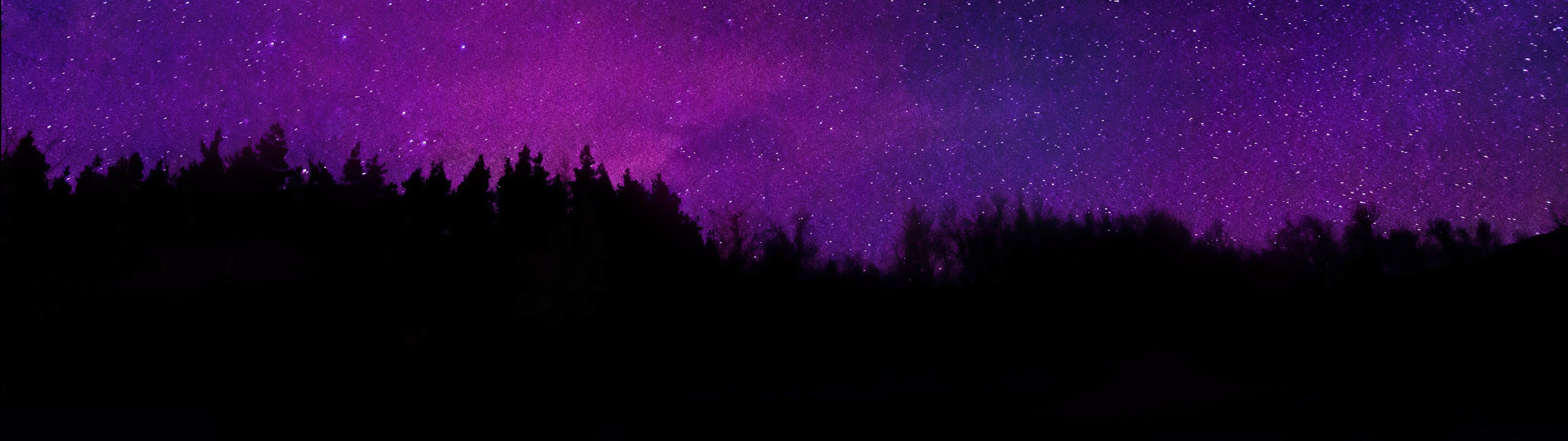Sternenhimmel, Wald-Silhouette, Lila, Nacht, 32:9, Full-HD-Hintergrundbild für den Desktop