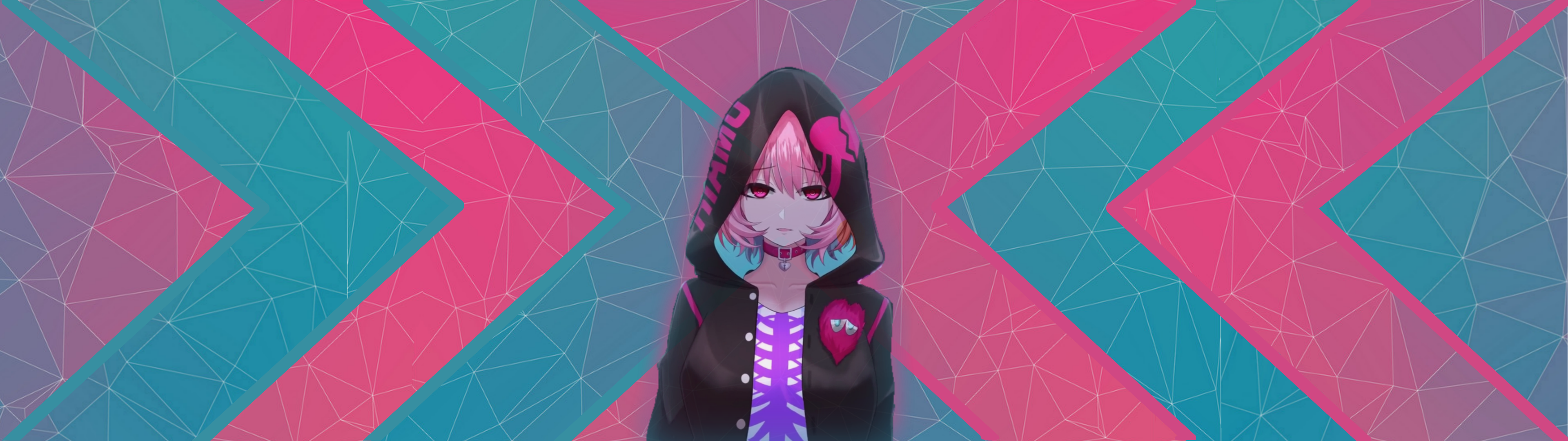 Anime-Mädchen, Kapuze, Geometrisch, Pink, Türkis, Full HD, Desktop-Hintergrund für Windows
