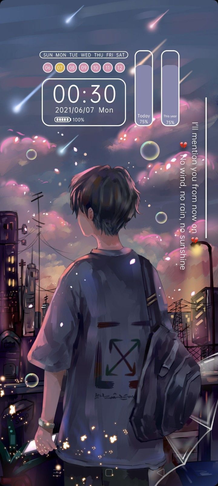 Anime-Stil, Junge, Uhr-Widget, Nachtstadt, Sternenhimmel, Android-Hintergrundbild