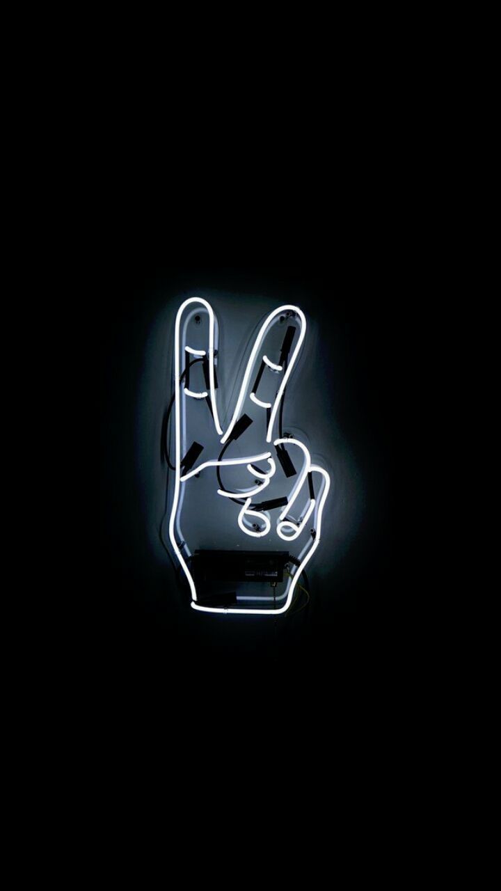 Peace-Zeichen, Neon-Hand, Leuchtschrift, Schwarzer Hintergrund, Minimalismus, Sperrbildschirm