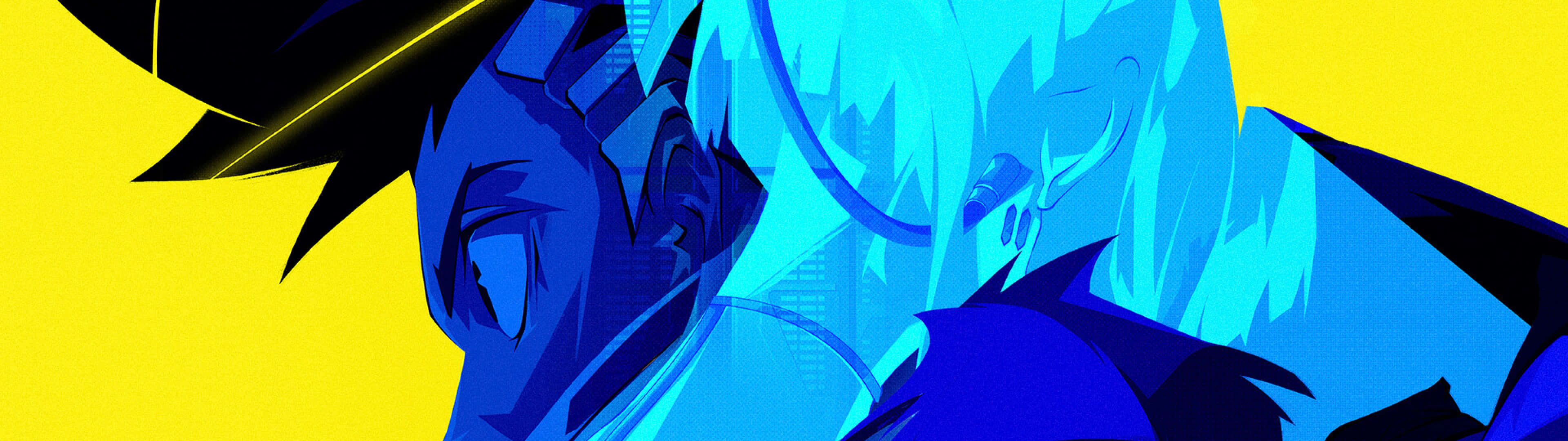 Anime, Blaue Haare, Gelber Hintergrund, Pop-Art, Kontrast, Full HD Wallpaper