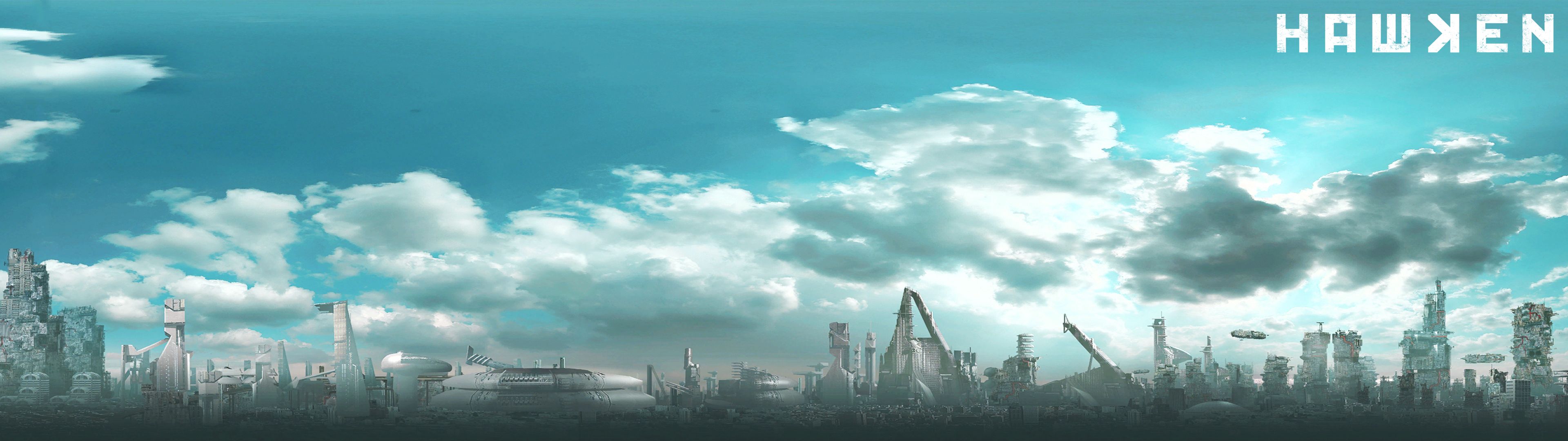 Hawken, Videospiel, Stadt, Wolken, Türkis, 32:9, Full-HD-Hintergrundbild für den Desktop