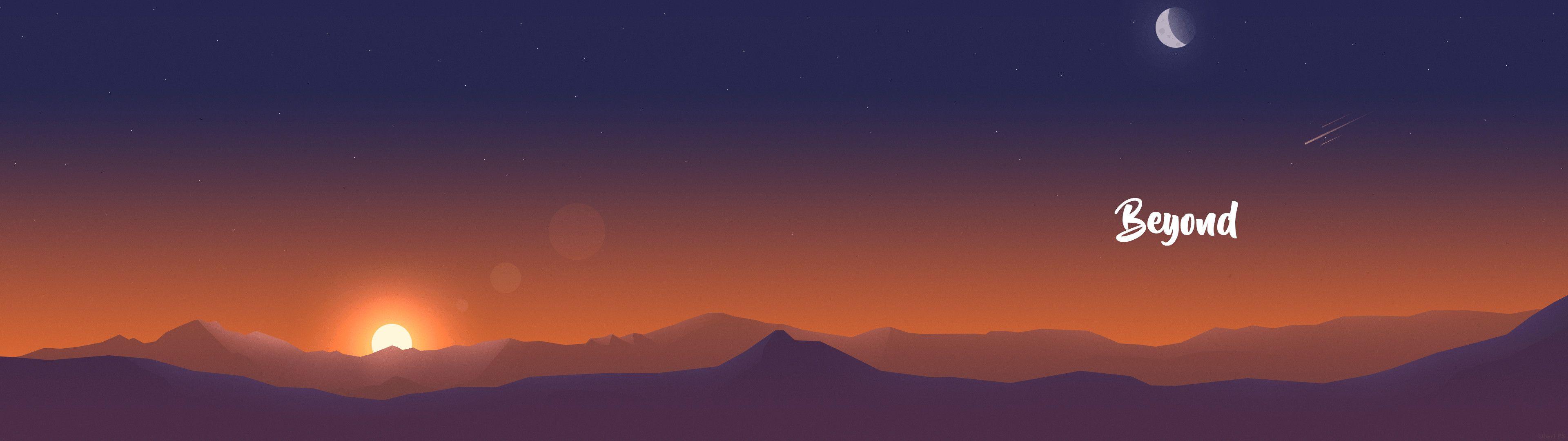 Beyond, Berge, Sonnenuntergang, Mondsichel, Minimalistisch, Full HD, Desktop-Hintergrund