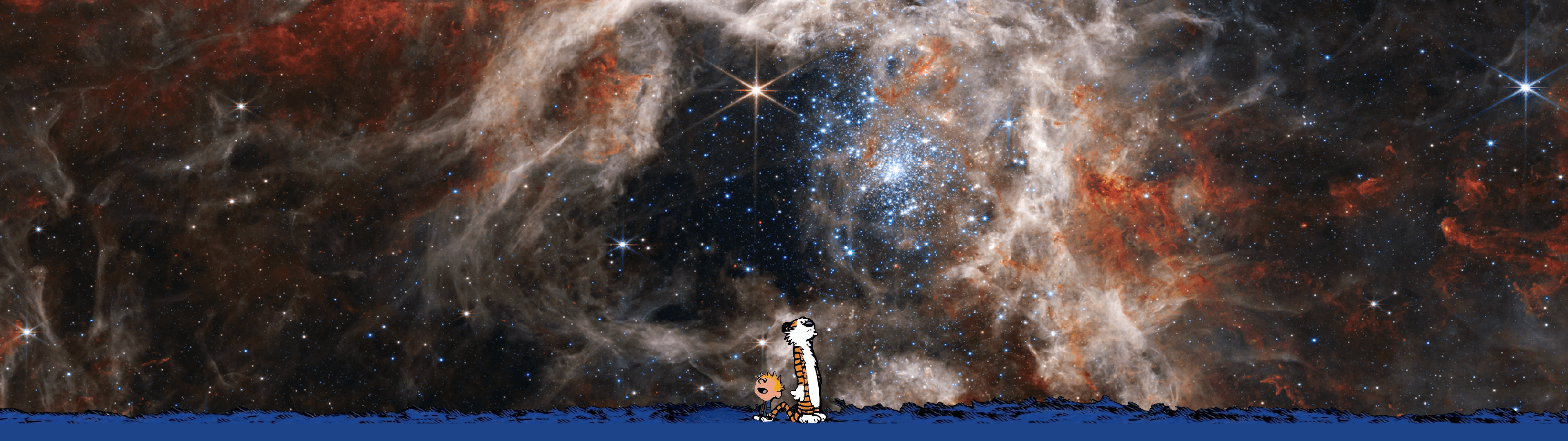 Calvin und Hobbes, Nebel, Weltraum, Sterne, Comic, 32:9, Full-HD-Hintergrundbild für den Desktop