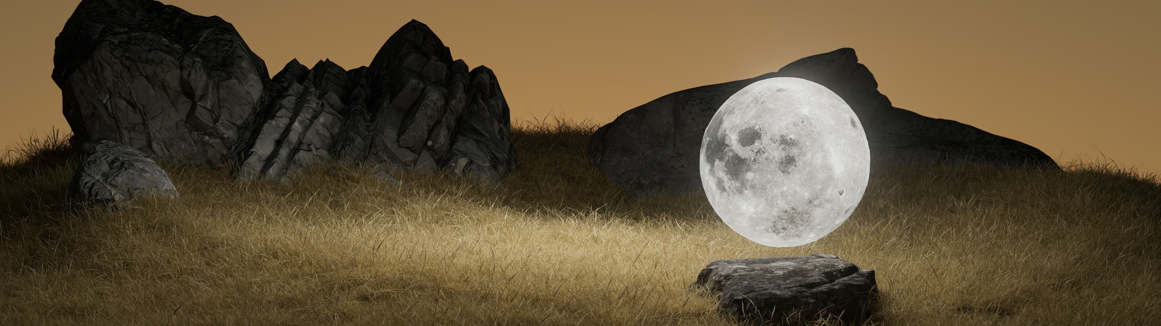Mond, Felsen, Wiese, Surreal, Goldenes Licht, 32:9, Full-HD-Hintergrundbild für den Desktop