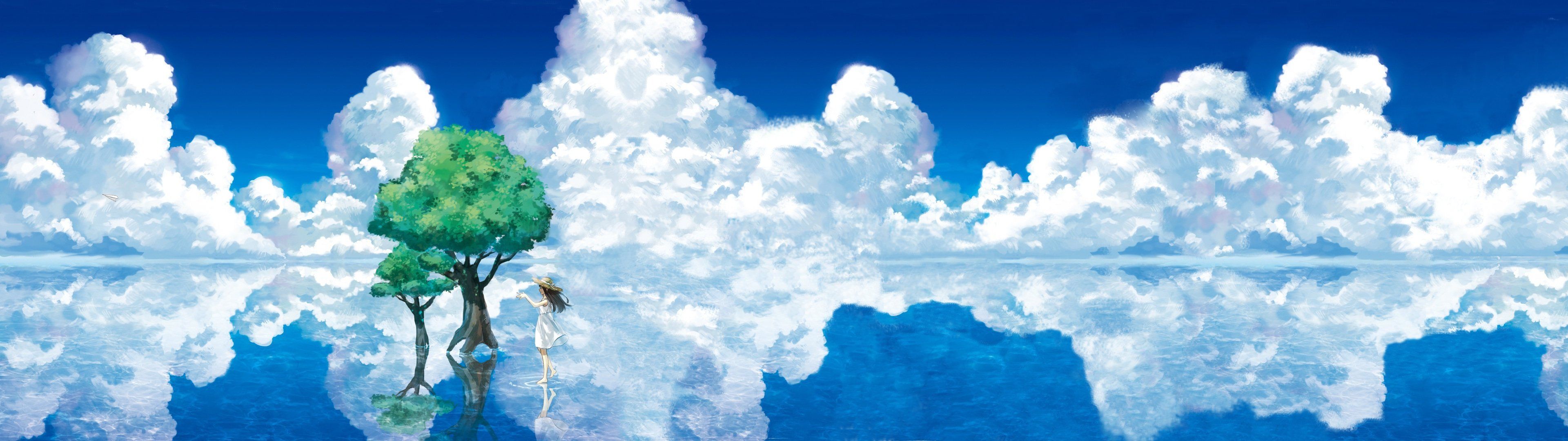 Baum, Wolken, Spiegelung, Blauer Himmel, Anime-Stil, 32:9, Full-HD-Hintergrundbild für den Desktop