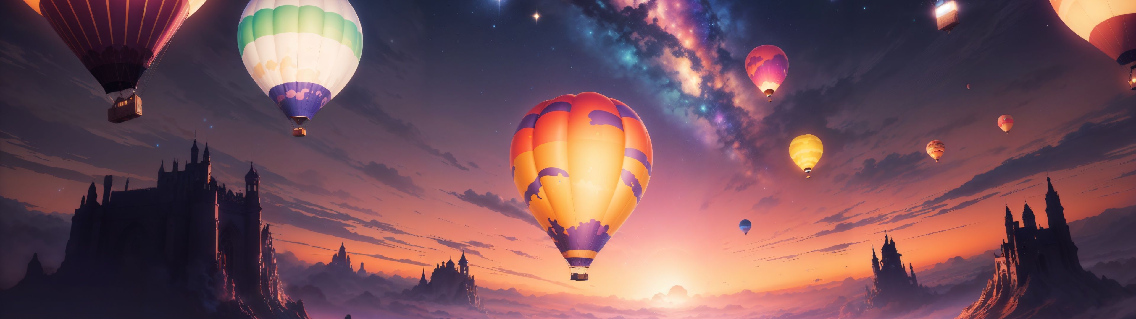 Heißluftballons, Milchstraße, Sonnenuntergang, Fantasy, Felsen, Full HD, PC-Hintergrundbild