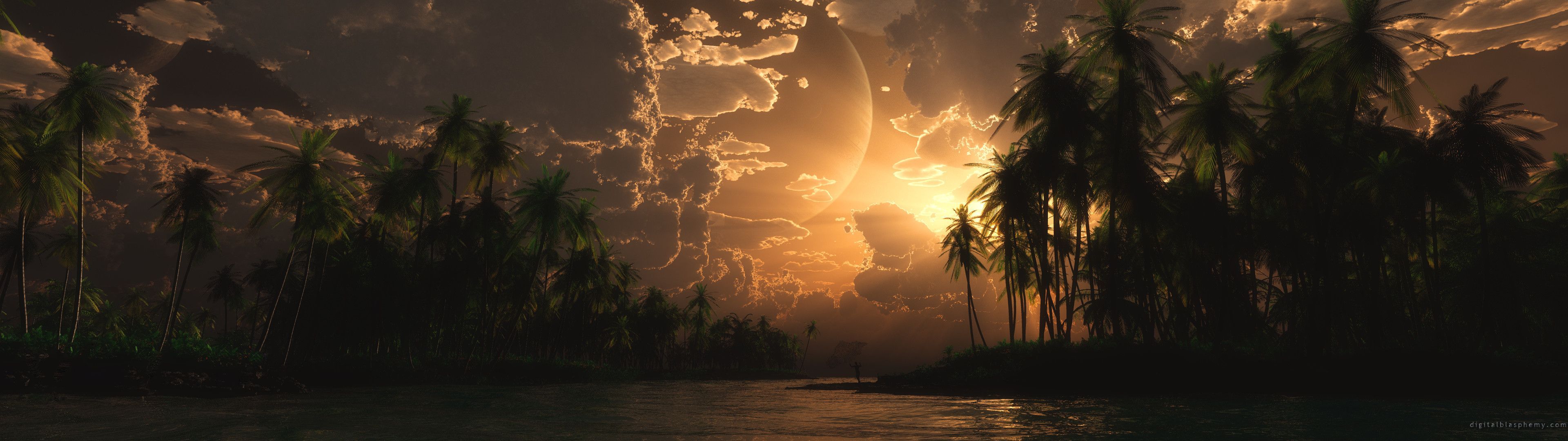 Palmen, Sonnenuntergang, Tropen, Wolken, Dunkel, 32:9, Full-HD-Hintergrundbild für den Desktop