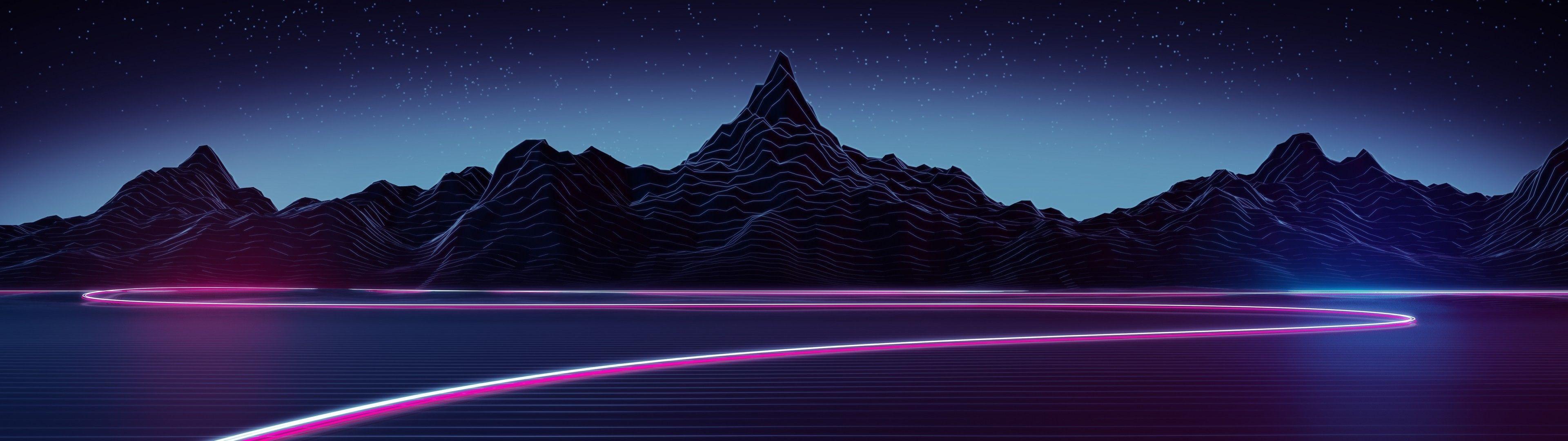 Berge, Neonlinien, Sternenhimmel, Synthwave, Dunkel, 32:9, Full-HD-Hintergrundbild für den Desktop