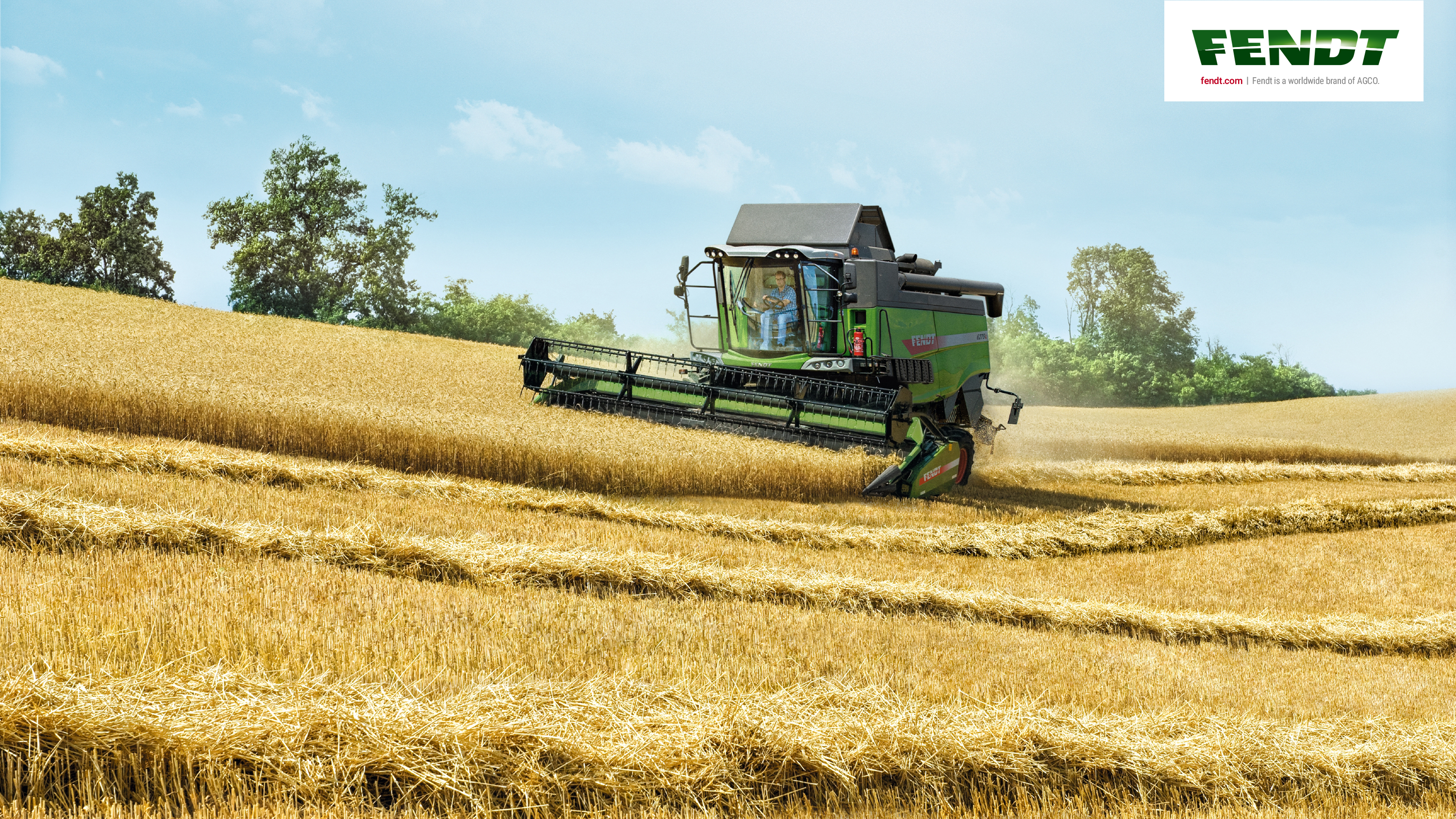 Fendt, Mähdrescher, Getreidefeld, Ernte, Sommer, 16:9, 2K-Hintergrundbild für den Desktop