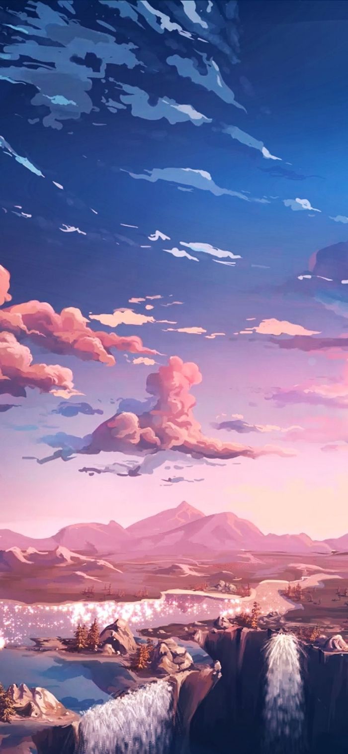 Anime-Himmel, Wolken, Berge, Rosa Wolken, Illustration, Sperrbildschirm fürs iPhone Air