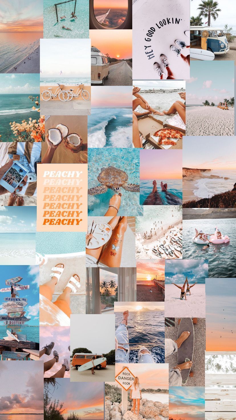 Collage, Pfirsichfarben, Türkis, Strand, Ästhetik, HD, Hintergrundbild fürs Handy